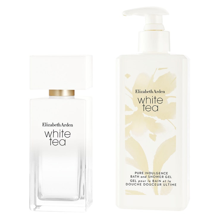 Elizabeth Arden White Tea gåvoset med EdT 50 ml och Shower Gel 400 ml i vita flaskor med guld och blommönster