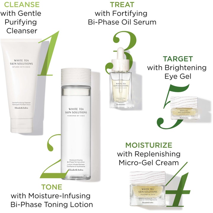 Elizabeth Arden White Tea Skin Solutions 200 ml toner i en femstegsrutin med rengöring, serum och kräm.