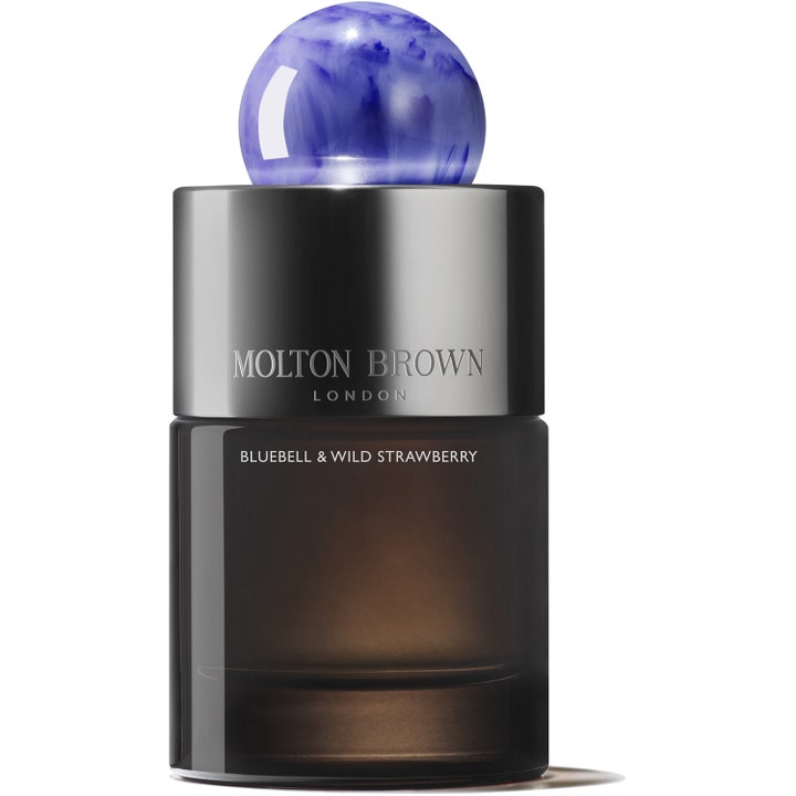 Molton Brown Bluebell & Wild Strawberry 100 ml unisex parfym i mörk glasflaska med silverlock och blåmarmorerad kula