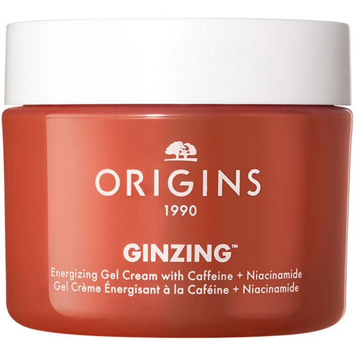 Origins Ginzing Energizing Gel Cream ansiktsgel för alla hudtyper med koffein i en orange burk med vitt lock.