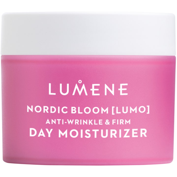 Lumene Nordic Bloom Lumo 50 ml lumene dagkräm är en rynkreducerande uppstramande kräm i en rosa frostad burk.