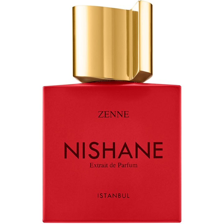 Nishane Zenne Extrait de Parfum 50 ml intensiv niche parfym i röd fyrkantig flaska med skulpturalt guldfärgat lock