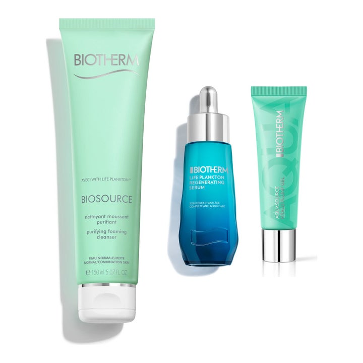 Biotherm hudvårdsset med Biosource 150 ml rengöring, serum och ansiktsgel i ljusgröna tuber och blå glasflaska.