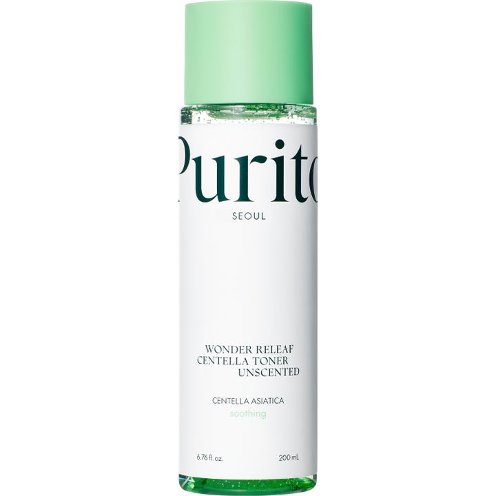 Purito Wonder Releaf Centella Toner 200 ml lugnande koreansk återfuktande toner i genomskinlig flaska med ljusgrönt lock.