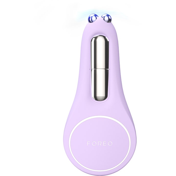 FOREO BEAR 2 eyes & lips mikroström behandling ger rynkreducering med lila silikon och silverdetaljer