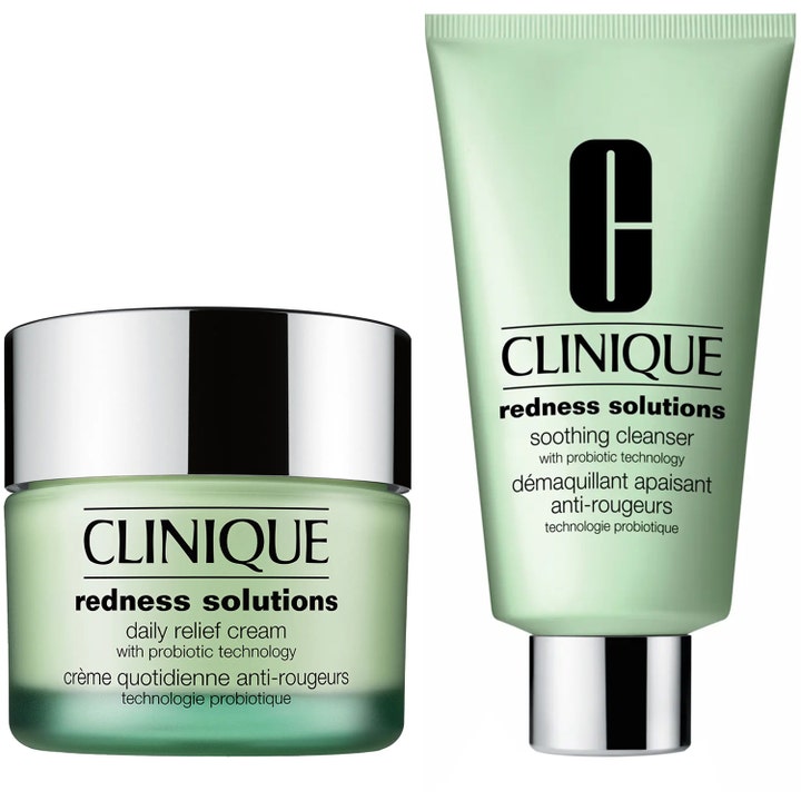 Clinique Redness Solutions lugnande ansiktskräm och rengöring mot rodnad i ljusgrön burk och tub med silverlock
