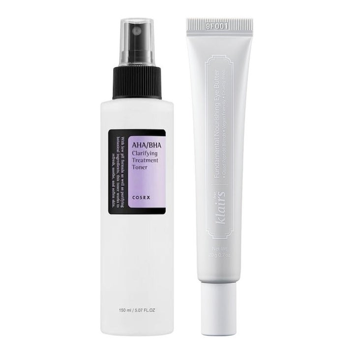 COSRX AHA/BHA Toner 150ml och Klairs Eye Butter 20g som ger lyster och näring i vit sprayflaska och smidig tub