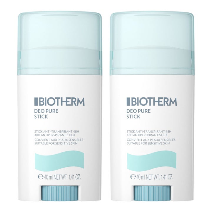 Biotherm Deo Pure Stick 2x40 ml antiperspirant för känslig hud i vita hylsor med ljusblå detaljer.