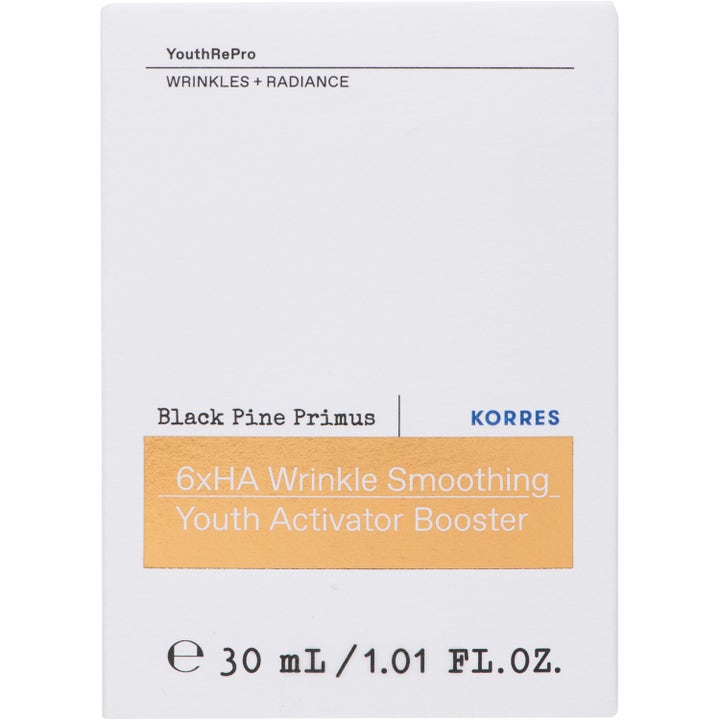 KORRES Black Pine Primus 6xHA 30 ml lystergivande serum i vit ytterförpackning med en markerad orange sektion