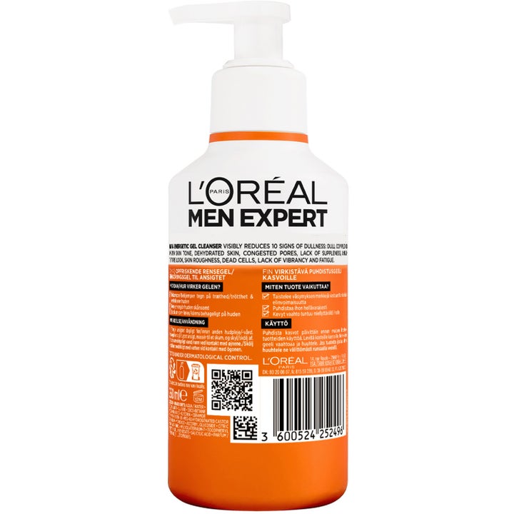 L'Oréal Paris Men Expert Vitamin C Cleanser 260 ml ansiktsrengöring baksida av vit pumpflaska med ingredienslista.