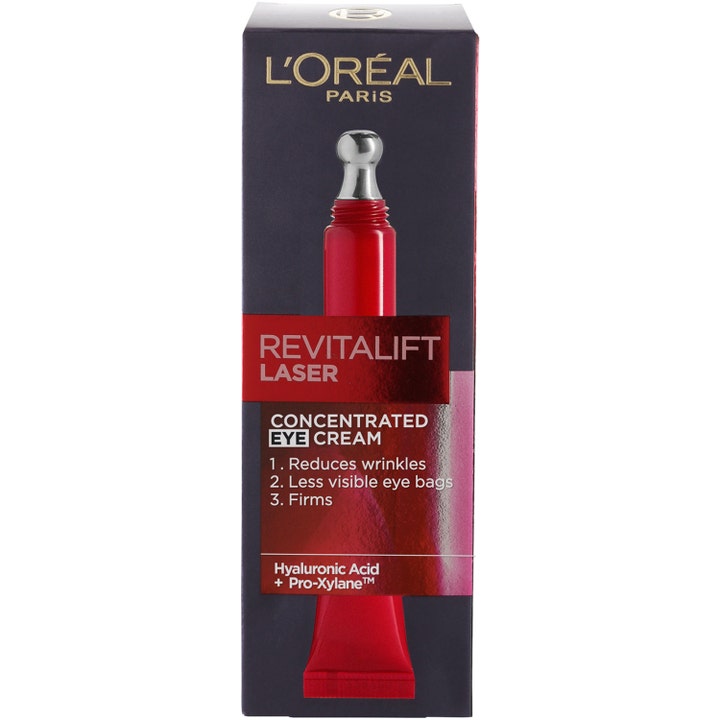L’Oréal Paris Revitalift Laser Concentrated Eye Cream ögonkräm med hyaluronsyra i mörk box som visar en röd tub