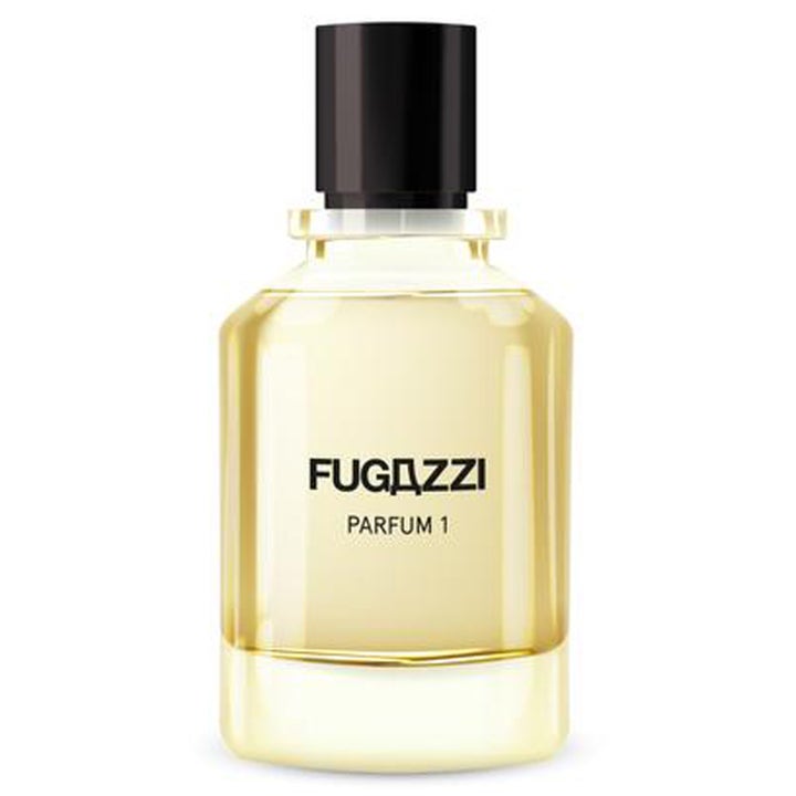 Fugazzi Parfum 1 100 ml träig parfym unisex i en genomskinlig glasflaska med ljusgul vätska och svart lock