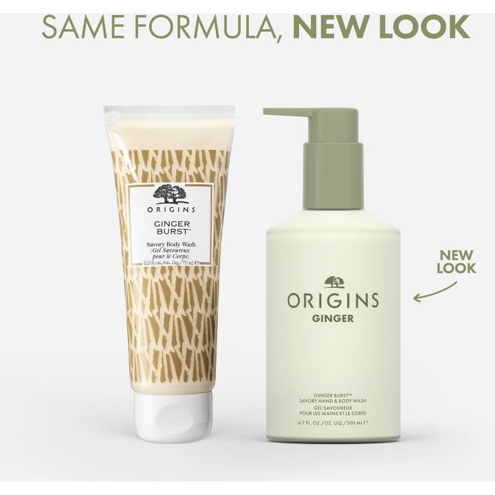 Origins Ginger Burst 200 ml handtvål pump och kroppstvål i ny ljusgrön flaska bredvid äldre tub. Text New Look.