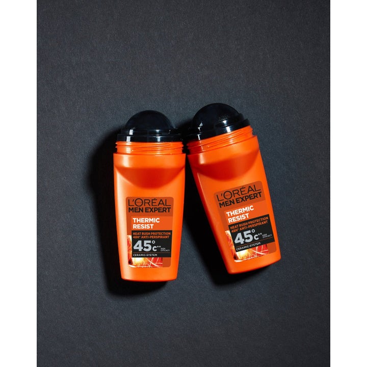 L'Oréal Paris Men Expert Thermic Resist 3-pk svettresistent roll on deo i orangea flaskor för skydd vid 45°C.