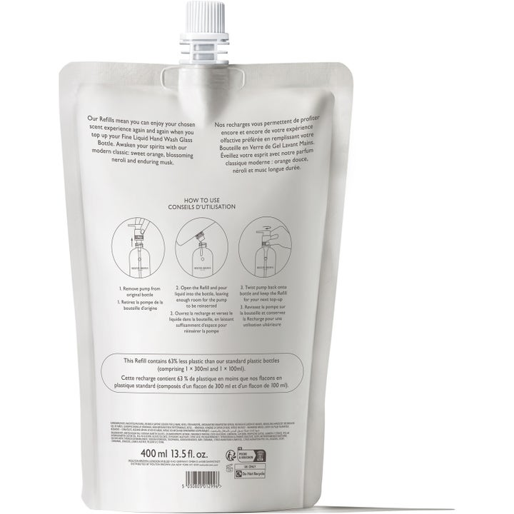 Molton Brown Orange & Bergamot 400 ml doftande handtvål refill i vit förpackning med instruktioner för tvål påfyllning