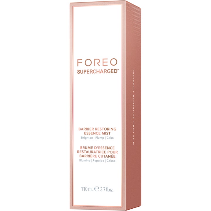 FOREO SUPERCHARGED Barrier Restoring Essence Mist 110 ml fuktspray ansikte för skadad hudbarriär i roseguld ytterförpackning