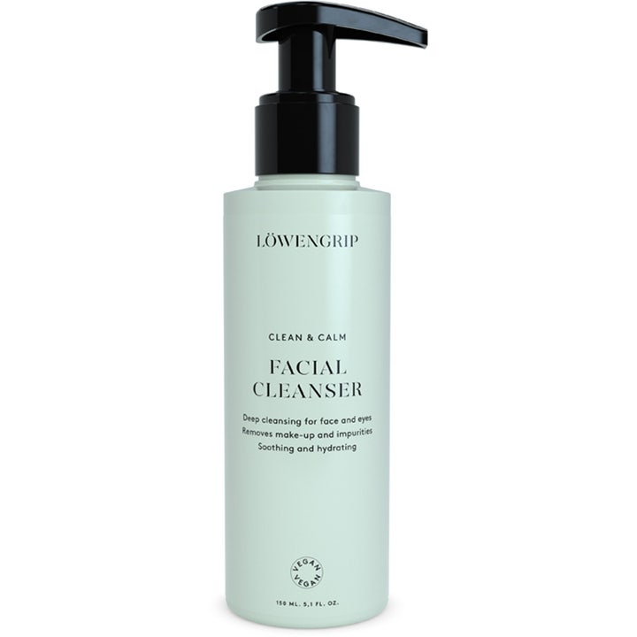 Löwengrip Clean & Calm Facial Cleanser 150 ml djuprengörande vegansk cleanser i ljust mintgrön flaska med svart pump.