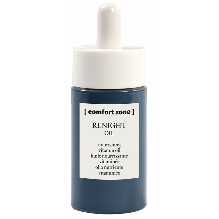 Comfort Zone Renight Oil 30 ml fuktgivande näringsrik nattolja i mörkblå flaska med vit etikett och pipettkork.