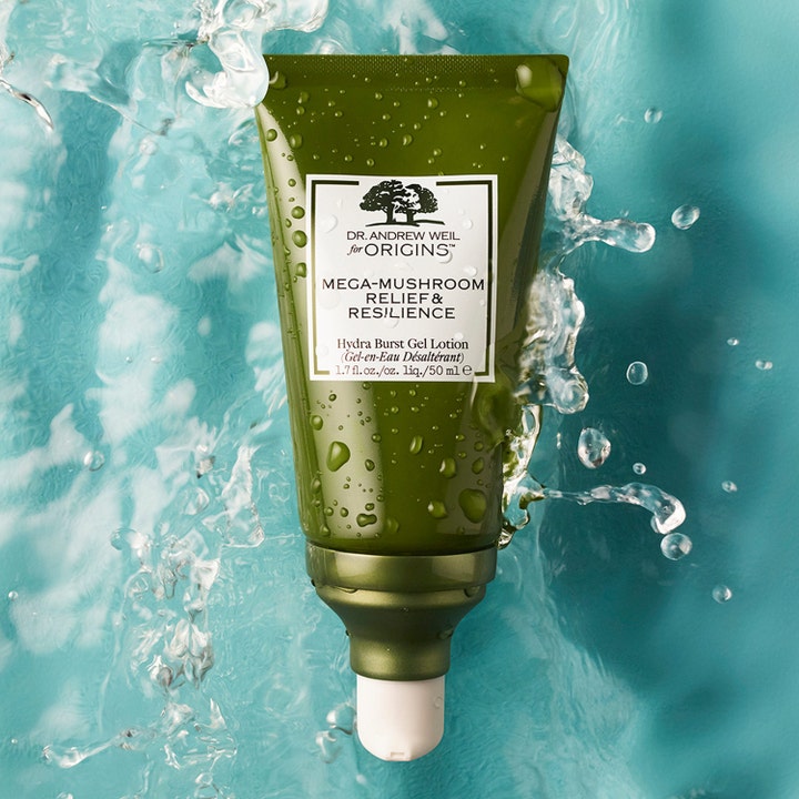 Origins Mega-Mushroom Hydra Burst Gel Lotion 50 ml anti-stress återfuktande ansiktskräm i grön tub med vattenstänk