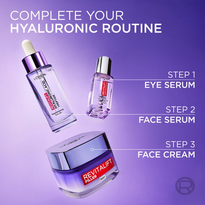 L'Oréal Paris Revitalift Filler 30 ml hyaluronsyraserum i en 3-stegs hudvårdsrutin med ögonserum och ansiktskräm.