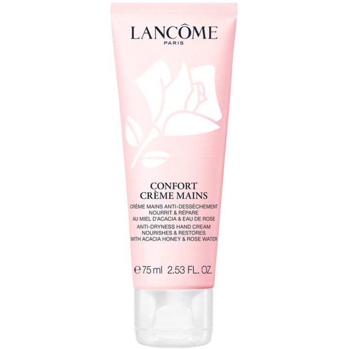 Lancôme Confort Crème Mains 75 ml närande handkräm motverkar torrhet i en ljusrosa tub med vit ros.