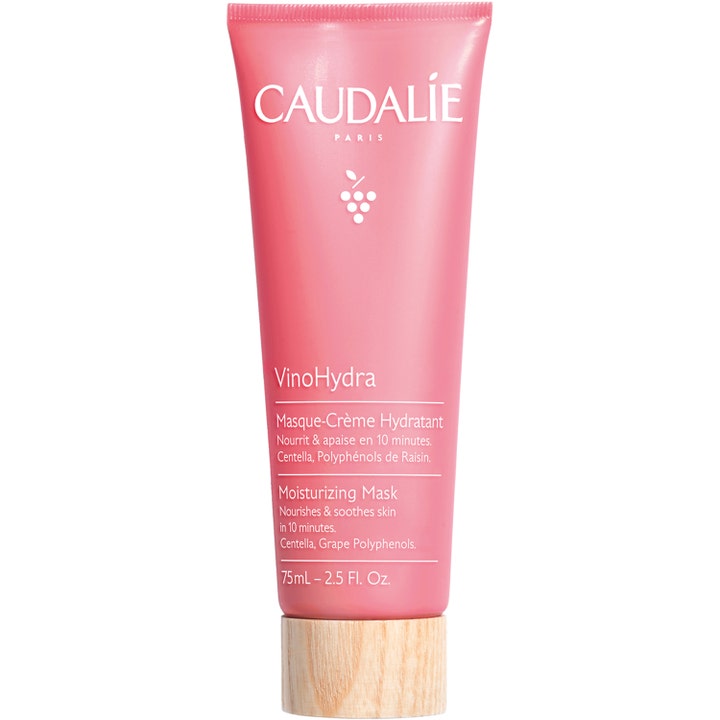 Caudalie VinoHydra 75 ml lugnande återfuktande mask med centella asiatica och druvextrakt i rosa tub med träkork.