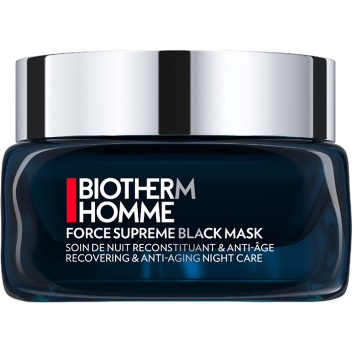 Biotherm Homme Force Supreme Black Mask hudföryngring ansiktsmask i mörkblå glasburk med silverlock