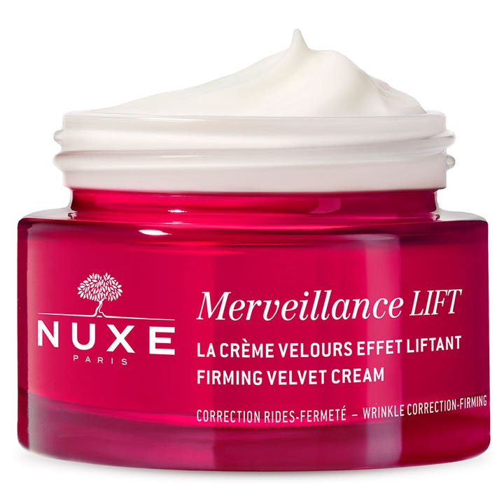 Nuxe Merveillance LIFT 50 ml ansiktskräm för fasthet och rynkreducering i röd glasburk med vit textur