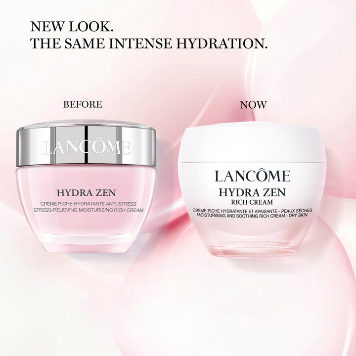 Lancôme Hydra Zen Rich Cream 50 ml fuktgivande lugnande ansiktskräm som visar ny vit design bredvid gammal rosa.