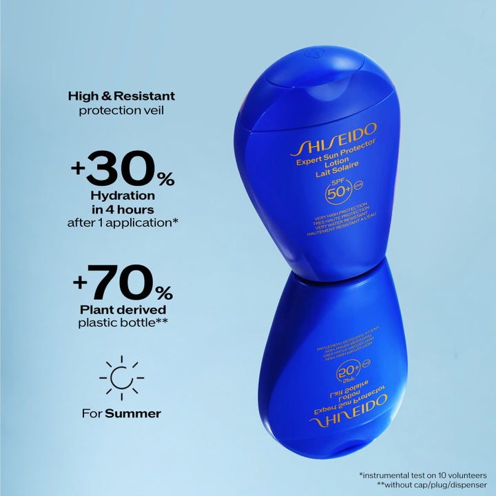 Shiseido Global Sun Care Lotion 300 ml lyxig solskyddskräm i blå flaska som ger trettio procent ökad återfuktning.