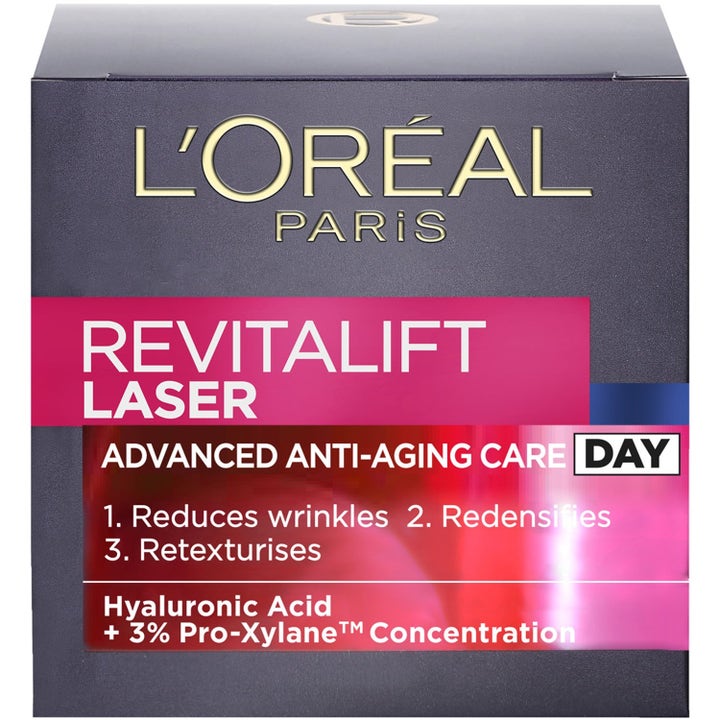 L'Oréal Paris Revitalift Laser dagkräm och retinol serum mot rynkor i röd glasburk och blå pipettflaska