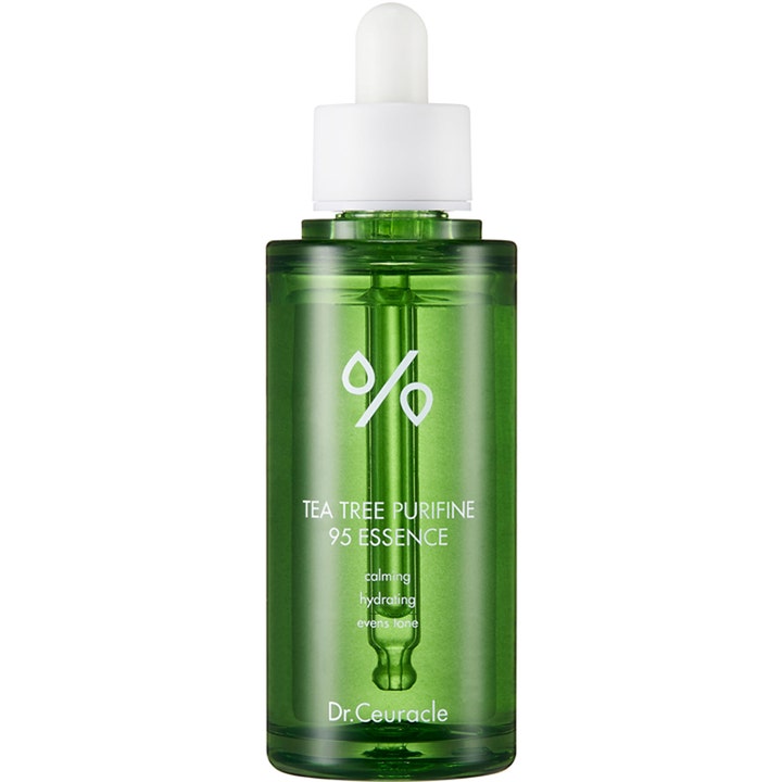 Dr. Ceuracle Tea Tree Purifine 95 Essence hydrerande essens för känslig hud i grön genomskinlig flaska med vit pipett