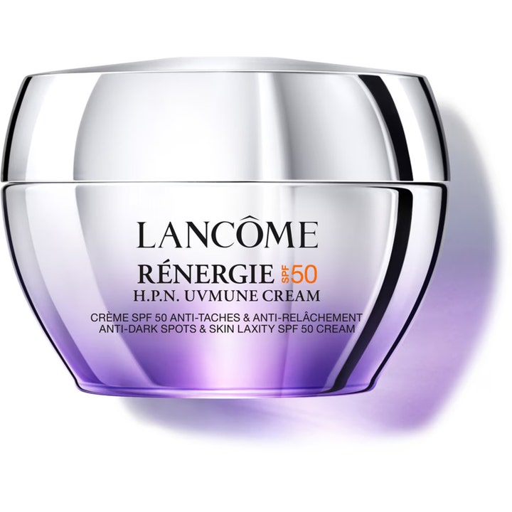 Lancôme Rénergie anti-aging kräm 50 ml fuktgivande solskyddskräm ansikte i en silverfärgad burk med lila bas