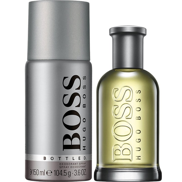 Hugo Boss Boss Bottled gåvoset 50ml och 150ml för en elegant parfym i glasflaska och grå deospray i metall