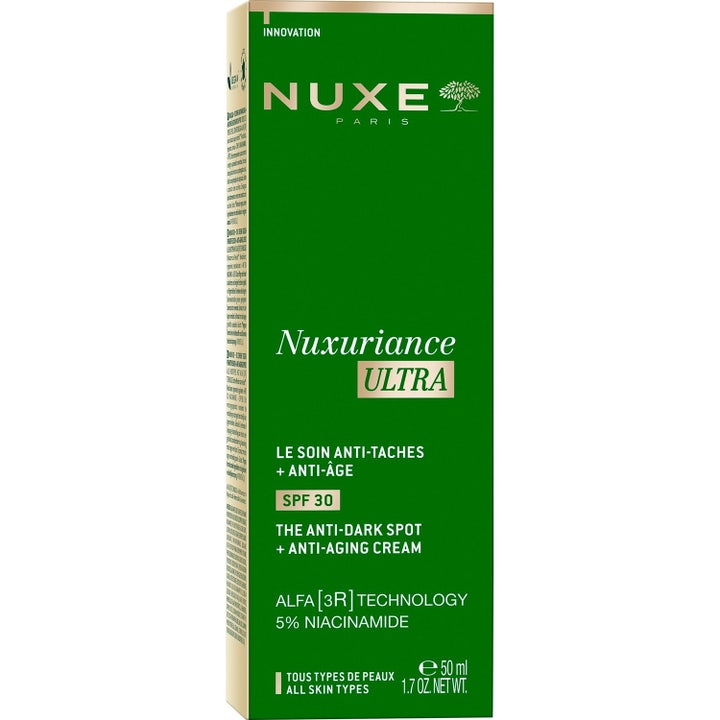 Nuxe Nuxuriance Ultra 50 ml dagkräm med SPF 30 mot pigmentfläckar i grön ytterförpackning med 5% niacinamid.