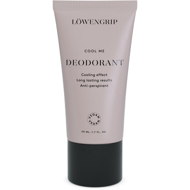 Löwengrip Cool Me Deodorant 50 ml kylande antiperspirant är en vegansk deodorant i en ljusrosa tub med svart kork.