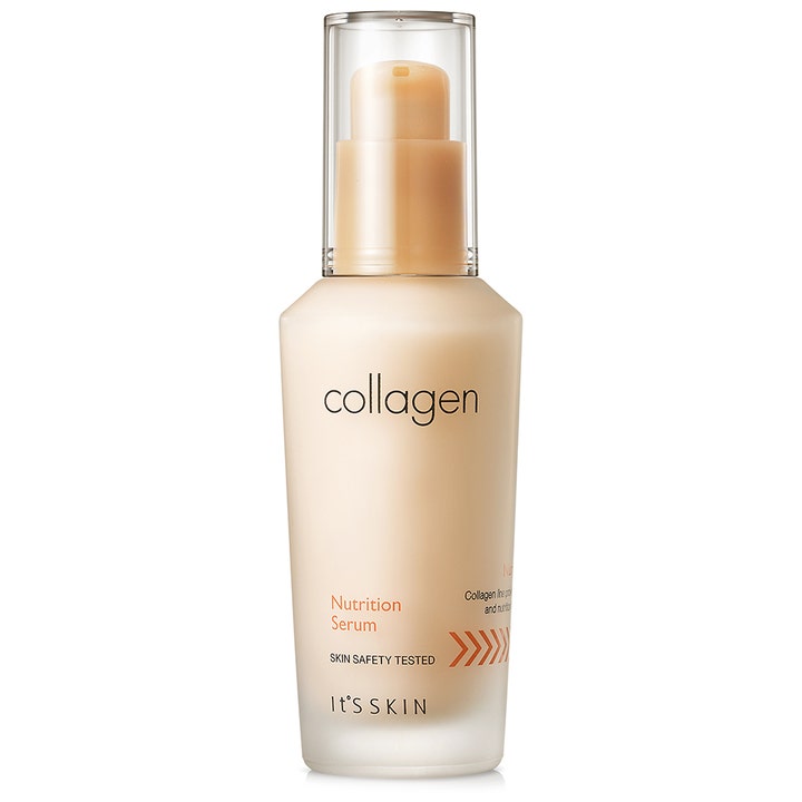 It'S SKIN Collagen Nutrition Serum 40 ml ger spänst i en beige frostad glasflaska med pump och genomskinligt plastlock.
