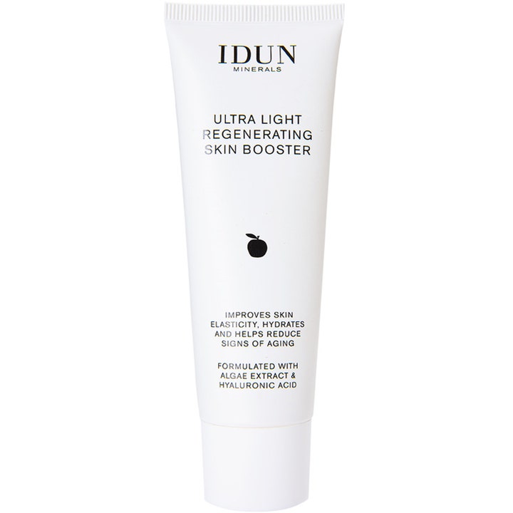 Idun Minerals Ultra Light Regenerating Skin Booster återfuktande ansiktskräm i vit tub ger intensiv återfuktning med algextrakt.