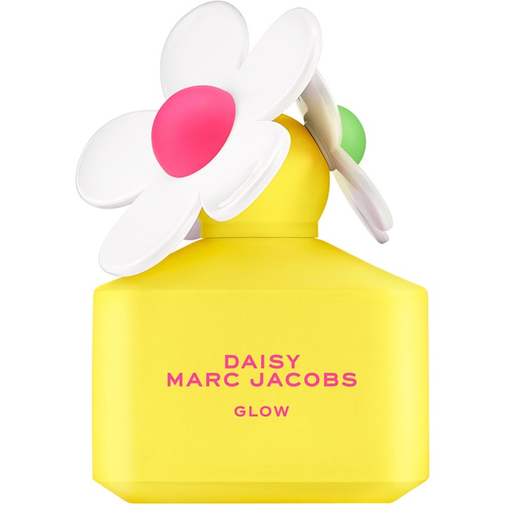 Marc Jacobs Daisy Glow 50 ml fräsch parfym i en gul flaska med stora vita och rosa blommor på korken