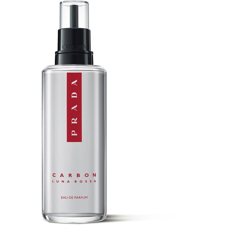 Prada Luna Rossa Carbon refill 150ml herrparfym i en genomskinlig flaska med svart pump och röd logotyp