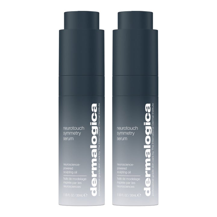 Dermalogica Neurotouch Symmetry Serum 30 ml skulpterande ansiktsolja som ger spänst i två mörkblå cylindriska flaskor