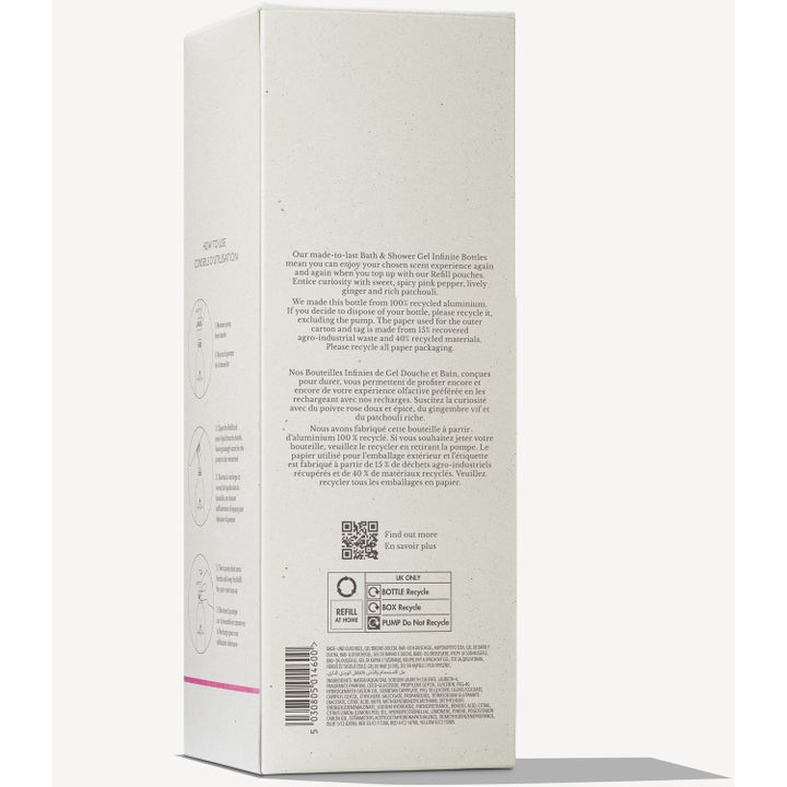 Molton Brown Infinite Bottle Fiery Pink Pepper 400 ml duschtvål baksida av ytterförpackning med instruktioner
