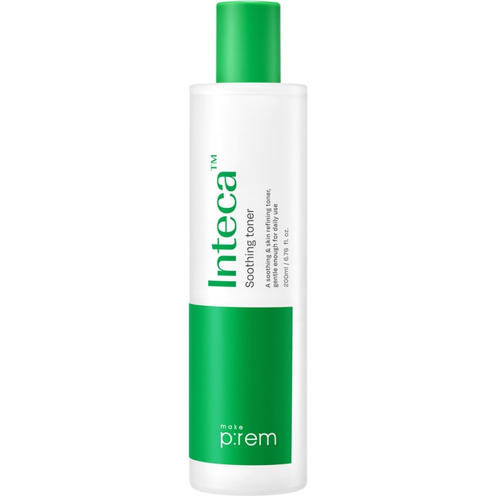 make p:rem Inteca Soothing Toner 200 ml lugnande ansiktsvatten i vit cylinderformad flaska med grönt lock
