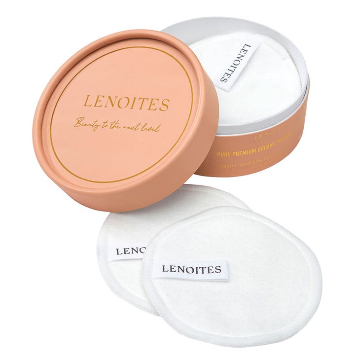 Lenoites Pure Premium Organic Reusable Pads 10 st tvättbara bomullsrondeller i persikofärgad ask för ekologisk ansiktsrengöring