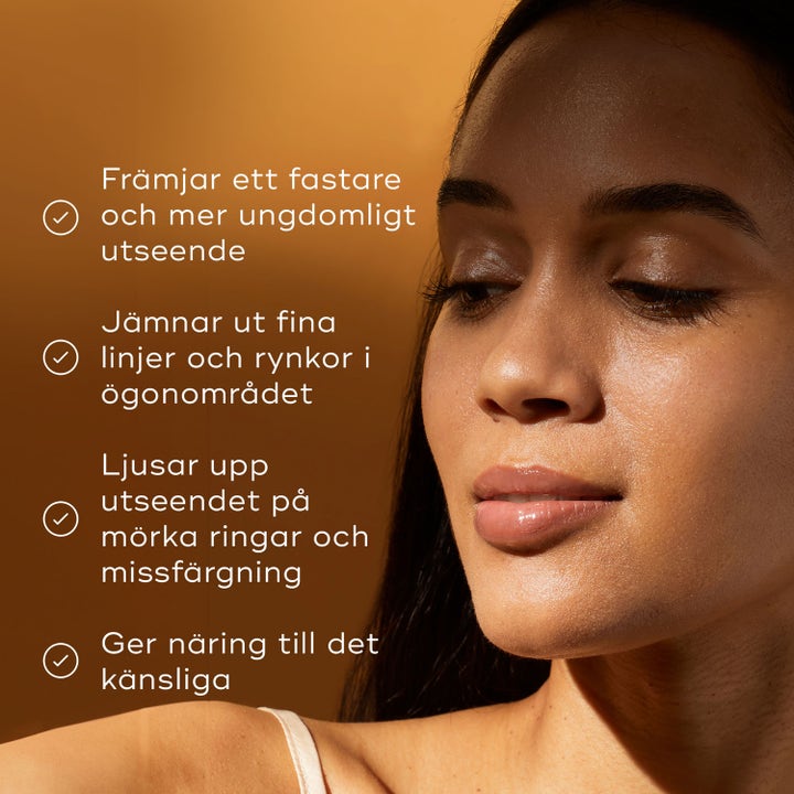 Medik8 C-Tetra Eye 7 ml c vitamin anti aging ögon serum på kvinna med text om hur det ljusar upp mörka ringar.