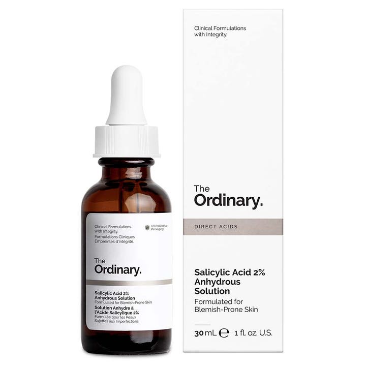 The Ordinary Salicylic Acid 2% Anhydrous Solution 30 ml anti-akne salicylsyra i mörk glasflaska med vit pipett och ask