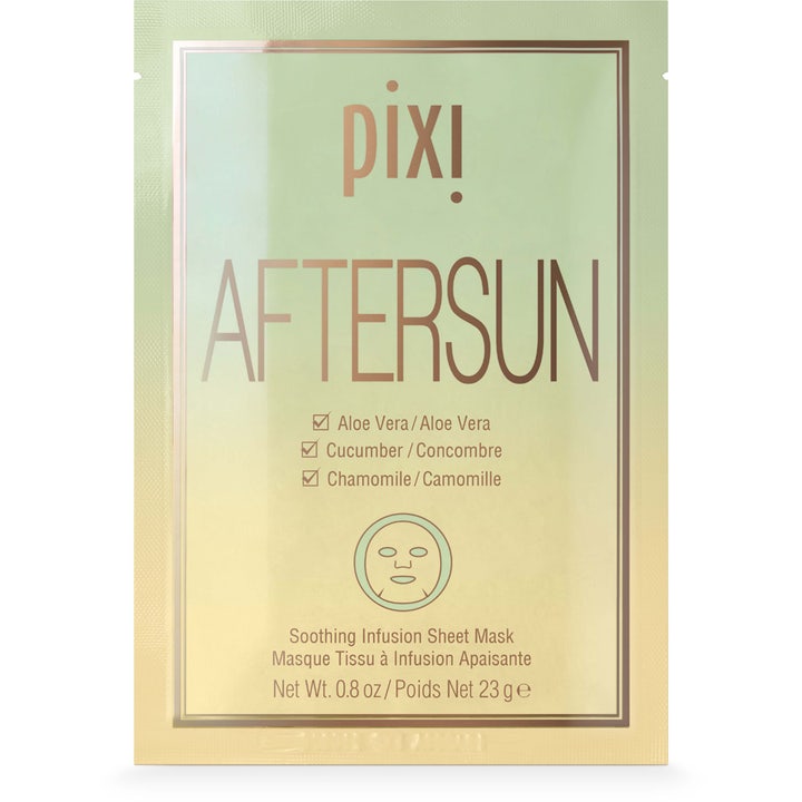 Pixi Aftersun Soothing Infusion Sheet Mask 23 g ger lugnande fukt i en blekgrön och gul pappersförpackning.