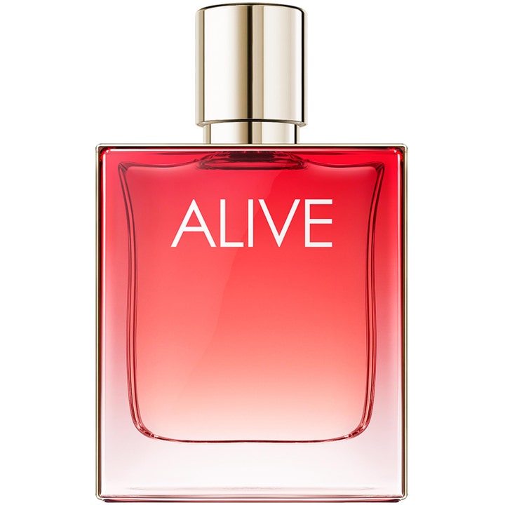 Hugo Boss Alive Intense 50ml Eau de Parfum i en fyrkantig glasflaska med röd vätska och guldfärgat lock