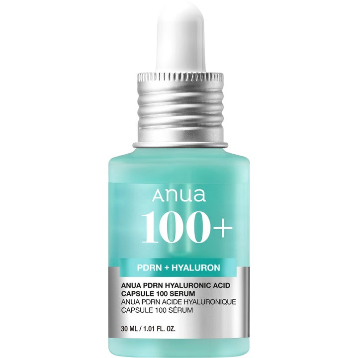 Anua PDRN Hyaluronic Acid Capsule 100 Serum 30 ml återfuktande serum i turkos glasflaska med silverfärgad pipett.