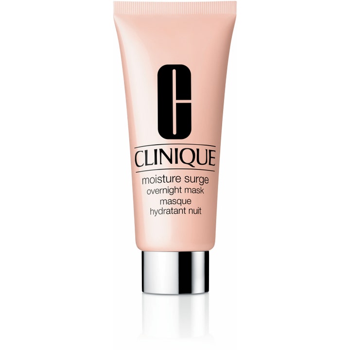 Clinique Moisture Surge Overnight Mask återfuktande nattmask i en ljusrosa tub med blank silvrig kork.